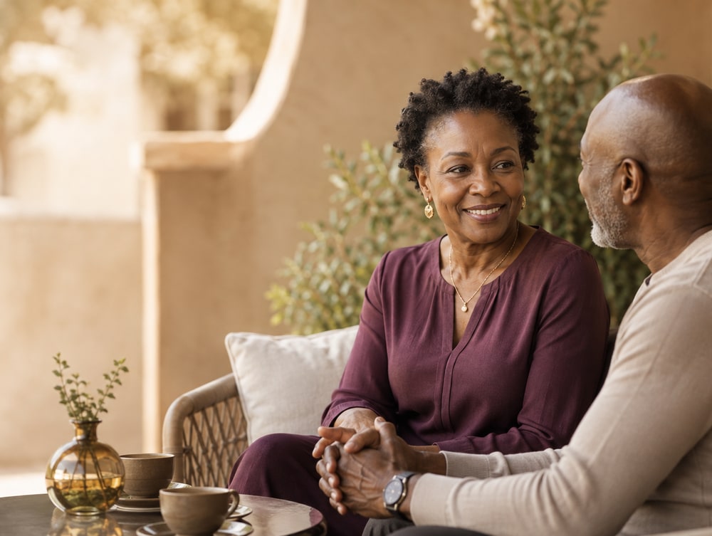 Deux personnes en pleine conversation, souriantes